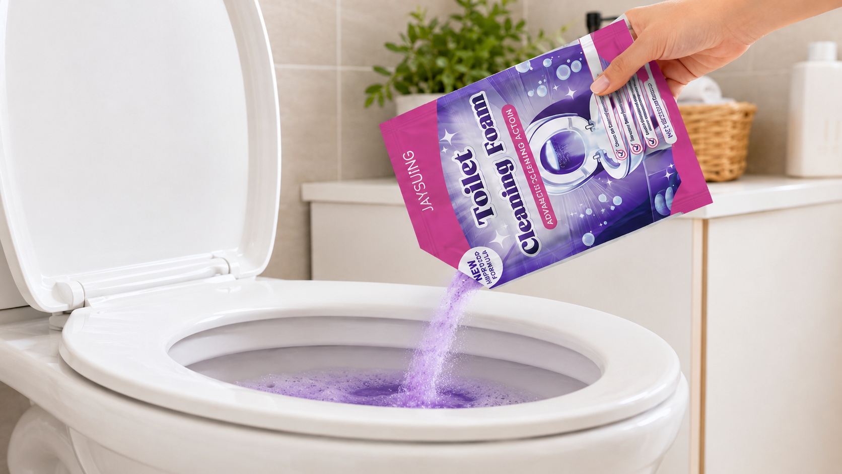 Pouring FlushCleanse foaming powder from the pouch into a toilet bowl