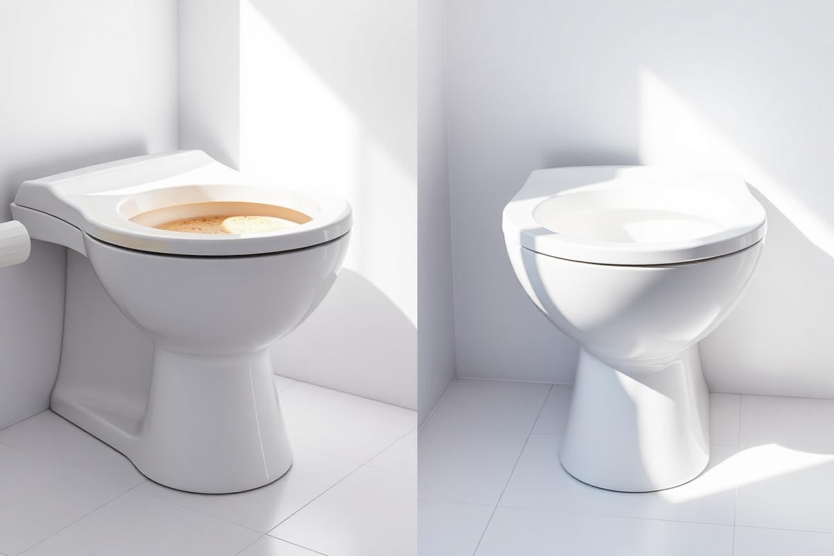 Before and after comparison of a stained toilet bowl and a clean white toilet bowl