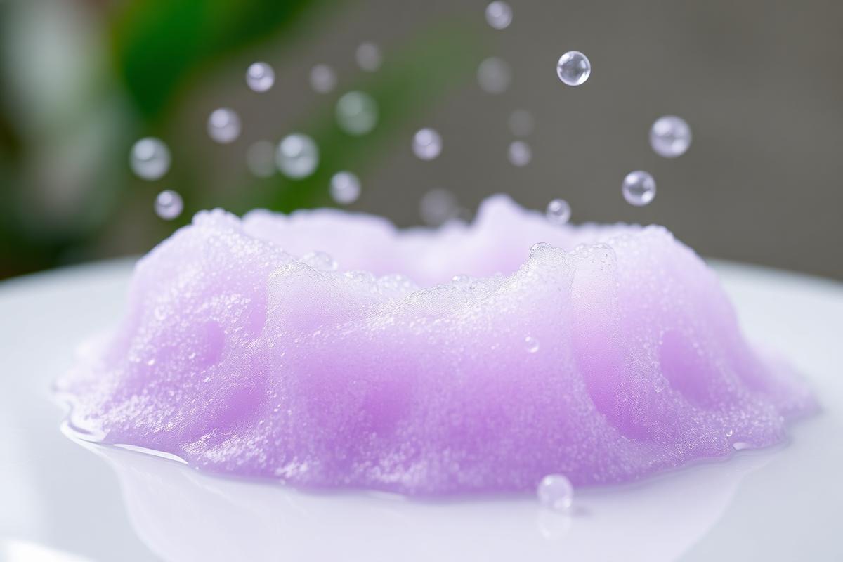 Close-up of violet foaming cleaning bubbles working on a white porcelain surface